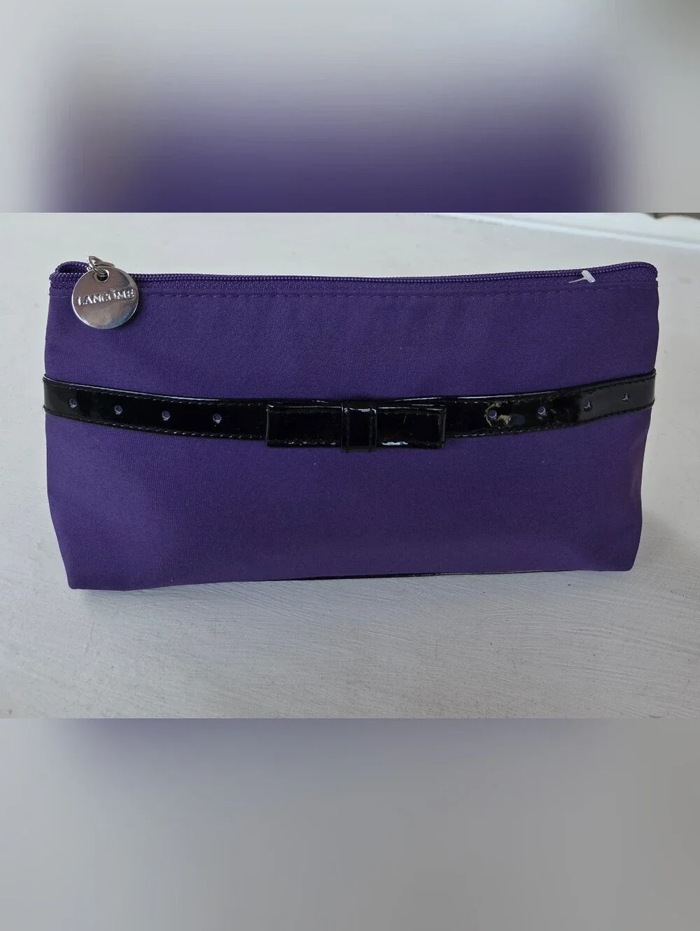 Lancome Purple Cosmetic Pouch with Black Patent Bow Trim
